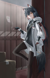 1girl animal_ear_fluff animal_ears arknights between_fingers black_gloves black_hair black_pantyhose black_shirt black_tail cigarette colored_inner_hair commentary foot_out_of_frame fur-trimmed_hood fur-trimmed_sleeves fur_trim gloves hair_between_eyes hand_in_pocket highres holding holding_cigarette hood hood_down hooded_jacket jacket kojy_2524 leg_up light_particles long_hair looking_at_viewer multicolored_hair official_alternate_costume open_clothes open_jacket pantyhose parted_lips pink_hair shirt short_shorts shorts smoke solo standing standing_on_one_leg star_(symbol) strap tail texas_(arknights) texas_(winter_messenger)_(arknights) two-tone_hair white_jacket white_shorts wolf_ears wolf_girl wolf_tail yellow_eyes zipper