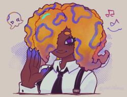 1girl beamed_eighth_notes black_necktie black_suspenders cephalopod_eyes collared_shirt dark-skinned_female dark_skin eighth_note hair_over_one_eye halftone hand_up long_sleeves musical_note necktie nintendo orange_hair patterned_hair purple_eyes satans_k1tty shirt smile solo splatoon_(series) splatoon_3 tao_blu tentacle_hair white_shirt