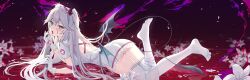 1girl absurdres ass bandaged_leg bandages bare_back beyumi blonde_hair blood blood_on_face commentary demon_wings double-parted_bangs english_commentary feet_up gloves hat highres indie_virtual_youtuber looking_at_viewer low_wings lying nurse nurse_cap on_stomach panties solo tail thighhighs underwear vei_(vtuber) white_gloves white_hair white_panties wings