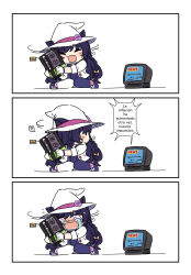 1girl 3koma ? animal_ears asymmetrical_legwear blush braid cat_ears check_translation cheek_press comic commentary commission crying crying_with_eyes_open ears_through_headwear gloves graphics_card hat highres hugging_object jacket mai_noboshi mismatched_legwear motion_lines news oversized_object purple_eyes purple_footwear purple_hair purple_thighhighs ranguage second-party_source sesield sitting spanish_commentary spanish_text speech_bubble streaming_tears tears television thighhighs translated translation_request turning_head virtual_youtuber vjin wariza wavy_mouth white_gloves white_hat white_jacket white_thighhighs witch witch_hat