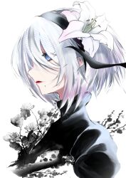 1girl 2b_(nier:automata) absurdres black_dress black_hairband blue_eyes branch breasts commentary_request cropped_torso dress flower from_side hair_between_eyes hair_flower hair_ornament hairband highres lunar_tear mole mole_under_mouth nier:automata nier_(series) no_blindfold parted_lips profile puffy_sleeves short_hair solo syakemayusan upper_body white_background white_flower white_hair