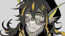 1boy arknights black_hair blonde_hair brown_hair chinese_commentary close-up commentary_request fins furry furry_male grey-tinted_eyewear grey_background head_fins highres kaifei_(kaifei_29) lee_(arknights) long_hair looking_at_viewer multicolored_hair parted_lips simple_background streaked_hair sunglasses surprised tinted_eyewear upper_body wide-eyed yellow_eyes