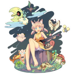 1girl altaria amoonguss animal_ears bad_id bad_pixiv_id barefoot blue_eyes bonsly butterfree clefairy coin creatures_(company) crobat game_freak gastly gen_1_pokemon gen_2_pokemon gen_3_pokemon gen_4_pokemon gen_5_pokemon gloom_(pokemon) grass guitar hoppip icywood instrument jewelry jigglypuff jumpluff lunatone meowth necklace nintendo oddish open_mouth outdoors personification pokemon pokemon_(creature) sitting slakoth tail tree_stump whismur yawning