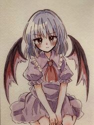 Rule 34 | 1girl, ascot, blue hair, blush, closed mouth, collared shirt, commentary request, frilled shirt collar, frills, hat, highres, looking at viewer, no headwear, pink shirt, pink skirt, puffy short sleeves, puffy sleeves, red ascot, red eyes, remilia scarlet, shirt, short sleeves, sitting, skirt, solo, touhou, traditional media, wings, zeppachi
