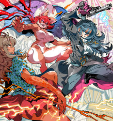 3girls animal_ears arm_tattoo arm_up bat_ears bat_wings blue_eyes blue_hair breasts brown_hair clenched_teeth cross dark-skinned_female dark_skin fangs fingernails freckles frilled_sleeves frills furry furry_female gloves gun half-closed_eyes handgun holding holding_gun holding_weapon kafun large_breasts latin_cross long_hair long_sleeves looking_at_another multiple_girls navel original outstretched_arms purple_gloves red_eyes red_hair red_nails revolver sharp_fingernails tattoo teeth weapon wings