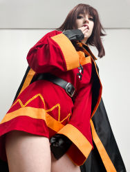 Rule 34 | 1girl, absurdres, asymmetrical legwear, black cape, black gloves, blunt bangs, brown hair, cape, cosplay, cosplay photo, covering privates, covering crotch, dress, eyeliner, feet out of frame, fingerless gloves, from below, gloves, highres, kono subarashii sekai ni shukufuku wo!, lips, long sleeves, looking at viewer, makeup, medium hair, megumin, megumin (cosplay), open mouth, photo (medium), red dress, red eyes, sidelocks, standing, stelarhoshi, wall