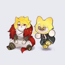 Rule 34 | 2girls, :&lt;, :3, animal ears, animalization, black boots, blonde hair, boots, brown jacket, cat ears, closed mouth, coat, don quixote (project moon), felyne, flaw eight, gold trim, jacket, limbus company, monster hunter (series), multiple girls, necktie, project moon, red coat, red eyes, red necktie, sancho (project moon), short hair, simple background, white background, yellow eyes
