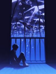 1boy air_bubble barefoot bubble collared_shirt highres lily_pad male_focus on_floor original pants rido_(ridograph) shirt short_hair sitting solo water watermark web_address white_pants white_shirt window