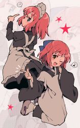 2girls ;d apron black_kimono blue_bow blue_eyes blush bow commentary_request eighth_note frilled_apron frills hair_bow highres hisui_(tsukihime) index_finger_raised itsuka_neru japanese_clothes juliet_sleeves kappougi kimono kohaku_(tsukihime) long_sleeves maid maid_apron maid_headdress mixed_maids multiple_girls musical_note notice_lines one_eye_closed open_mouth puffy_sleeves red_hair ribbon short_hair siblings sisters smile spoken_musical_note spoken_notice_lines tsukihime twins wa_maid white_apron wide_sleeves yellow_eyes zoom_layer