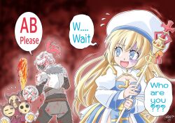 1boy 1girl arch_bishop_(ragnarok_online) blonde_hair blood blood_on_clothes blue_dress blue_eyes breasts cleavage cleavage_cutout clothing_cutout club_(weapon) commentary cowboy_shot crosier cross crossover dress english_text gloom_(expression) goblin_(ragnarok_online) goblin_mask goblin_slayer goblin_slayer! hat highres holding holding_staff juliet_sleeves kolulusakol long_hair long_sleeves looking_at_another masked open_mouth puffy_sleeves ragnarok_online red_background sash shield smile staff tam_(ragnarok_online) trembling two-tone_dress weapon white_dress white_hat yellow_sash