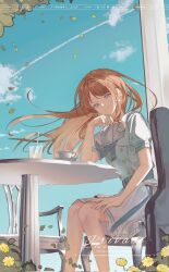 1girl bang_dream! bang_dream!_it&#039;s_mygo!!!!! belt blue_belt blue_ribbon brown_hair chair commentary contrail cup dress drinking_straw earrings floating_hair glint guitar_case hashtag-only_commentary highres instrument_case jewelry long_hair looking_at_viewer nagasaki_soyo neck_ribbon ribbon sasagawa_yuki school_uniform sidelocks sitting solo table tsukinomori_school_uniform white_dress