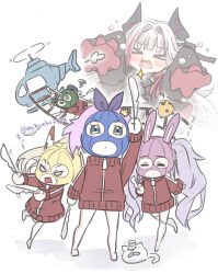Rule 34 | &gt; &lt;, 5girls, @ @, admiral zenker (azur lane), aircraft, ayanami (azur lane), azur lane, azur lane: slow ahead, balaclava, blonde hair, chibi, chibi only, crown, crying, feathers, green eyes, helicopter, highres, holding, holding feather, jacket, javelin (azur lane), laffey (azur lane), manjuu (azur lane), mikuchi3939, mini crown, multiple girls, purple hair, red jacket, sleepy, sleeves past fingers, sleeves past wrists, tilted headwear, track jacket, twintails, white hair, z23 (azur lane)