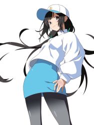 Rule 34 | 1girl, alternate costume, alternate hairstyle, anime coloring, araragi tsukihi, arm at side, baseball cap, black hair, black leggings, blue skirt, blush, breasts, closed mouth, commentary request, egg hair ornament, feet out of frame, flower, food-themed hair ornament, from below, grey eyes, guchiknight, hair flower, hair ornament, hat, hat ornament, highres, impossible clothes, impossible sweater, leggings, light blush, light smile, long hair, long sleeves, looking at viewer, low-tied long hair, lower lip only, medium breasts, monogatari (series), nose blush, official alternate hair length, official alternate hairstyle, official style, pencil skirt, simple background, skirt, solo, sweater, swept bangs, turtleneck, turtleneck sweater, very long hair, wavy mouth, white background, white hat, white sweater, ||/