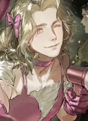 1boy 1other axis_powers_hetalia bare_shoulders blonde_hair blurry blurry_background bow brown_hair chinese_commentary choker closed_mouth collarbone commentary_request confetti crossdressing detached_sleeves dress france_(hetalia) gloves hair_bow hand_up highres holding juliet_sleeves leather leather_gloves long_sleeves looking_at_viewer male_focus one_eye_closed open_mouth pink_bow pink_choker pink_dress pink_eyes pink_gloves puffy_sleeves short_hair short_sleeves sleeveless sleeveless_dress smile solo_focus twintails two-tone_dress upper_body white_dress zhongerweiyuan