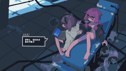 2girls \||/ ahoge alternate_costume barefoot black_hoodie black_shorts blade blush brown_hair cable chinese_commentary commentary computer dental_chair dress from_above headgear highres hood hood_down hoodie indoors knee_up laptop litamisu long_sleeves looking_at_another looking_back multiple_girls no_pants on_chair open_clothes open_hoodie purple_dress purple_eyes purple_hair purple_hoodie short_dress short_hair_with_long_locks shorts sitting sleeveless sleeveless_dress smirk spaghetti_strap speech_bubble tile_floor tiles touhoku_kiritan two-tone_hoodie vocaloid voiceroid wariza white_hoodie wide_shot yuzuki_yukari