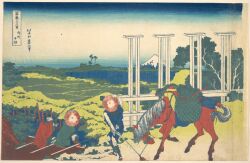 3boys absurdres animal covered_face fine_art_parody gradient_sky hat highres hokusai horizon horse japan japanese_clothes japanese_text kimono landscape mount_fuji mountain multiple_boys muzzle nihonga original parody sky straw_hat thirty-six_views_of_mount_fuji traditional_media tree ukiyo-e volcano