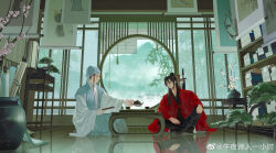 2boys absurdres architecture bamboo black_boots black_hair black_hanfu blue_coat blue_hat book book_stack bookshelf boots branch chinese_clothes chinese_commentary coat coin coin_sword cup dao_gui_yi_xian east_asian_architecture flower fog folded_fan folding_fan hair_bun half_updo hand_fan hanfu hanging_scroll hat hat_ribbon highres holding holding_fan holding_teapot holed_coin implied_yaoi indoors jin_(headwear) lake lantern lattice li_huowang long_hair long_sleeves looking_at_another male_focus mountain multiple_boys nail_polish painting_(object) parted_lips pink_flower plant plate potted_plant red_coat red_nails reflection reflective_floor ribbon scar_on_hands scroll sheath sheathed sidelocks single_hair_bun sitting smile sword sword_on_back table teacup teapot tree updo vase water watermark weapon weapon_on_back weibo_watermark white_hanfu wide_sleeves window window_blinds wooden_floor wu_ye_shi_ren_yi_xiao_shi zhouzi_jin_(headwear) zhuge_yuan