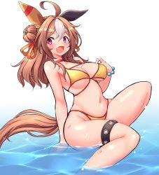 1girl ahoge alternate_costume animal_ears bikini breasts brown_hair cleavage commentary_request copano_rickey_(umamusume) double_bun ear_covers hair_bun highres horse_ears horse_girl horse_tail medium_breasts medium_hair navel ocean open_mouth purple_eyes ranken simple_background swimsuit tail thigh_strap umamusume wet white_background