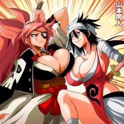Rule 34 | 2girls, absurdres, arc system works, baiken, black hair, bleach, blue eyes, breasts, cleavage, eyepatch, guilty gear, highres, large breasts, long hair, multiple girls, pink hair, red eyes, shiba kuukaku, sideboob