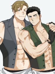 2boys abs ao_isami averting_eyes bara bare_pectorals black_hair blonde_hair blue_eyes blue_vest blush closed_mouth couple dog_tags facial_hair fingerless_gloves gloves green_vest hand_on_another&#039;s_shoulder highres lapels lewis_smith looking_at_viewer male_focus multiple_boys muscular muscular_male navel notched_lapels one_eye_closed pectorals short_hair sideburns_stubble simple_background sleeveless stubble upper_body vest wanijima white_background yaoi yuuki_bakuhatsu_bang_bravern