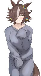 Rule 34 | 1girl, ahoge, alternate costume, animal ears, blush, breasts, brown hair, closed mouth, collarbone, commentary request, cowboy shot, ear ornament, grey pants, grey sweater, hair between eyes, hair ornament, highres, horse ears, horse girl, horse tail, long hair, long sleeves, looking at viewer, medium breasts, messy hair, miya nns35, multicolored hair, pants, simple background, sleeves past fingers, sleeves past wrists, smile, solo, streaked hair, sweater, sweatpants, tail, umamusume, very long sleeves, vodka (umamusume), white background, white hair, yellow eyes