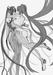 2girls ass bare_back black_bodysuit bodysuit breasts cinderella_(nikke) cross crying eyebrows_hidden_by_hair goddess_of_victory:_nikke hair_between_eyes high_heels highres hug impossible_clothes inverted_cross large_breasts little_mermaid_(nikke) monochrome multiple_girls open_mouth red_eyes see-through_clothes see-through_shirt shirt sideboob sketch skin_tight smbozz streaming_tears tears twintails white_bodysuit yellow_eyes