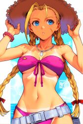 1girl beach belt bikini blonde_hair blue_eyes bracelet braid cammy_white front-tie_bikini_top front-tie_top hat highres jewelry looking_to_the_side loose_belt low_twin_braids official_alternate_costume pink_bikini scar scar_on_face skaggshood solo strapless strapless_bikini straw_hat street_fighter street_fighter_6 swimsuit tan tanline twin_braids