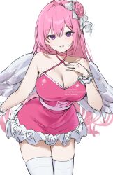 Rule 34 | 1girl, angel wings, bare shoulders, bow, breasts, choker, cleavage, dorothy (nikke), dress, goddess of victory: nikke, hair bow, hair bun, hair intakes, hair ribbon, highres, large breasts, long hair, looking at viewer, pepeo, pink choker, pink dress, pink eyes, pink hair, ribbon, simple background, single side bun, smile, solo, thighhighs, thighs, twitter username, white background, white bow, white ribbon, white thighhighs, white wings, white wrist cuffs, wings, wrist cuffs
