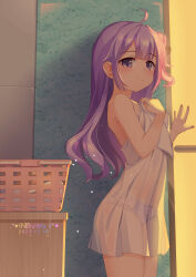 1girl ahoge armpit_crease artist_name azur_lane bare_arms bare_shoulders bow bow_panties breasts chinese_commentary closed_mouth commentary_request covered_navel dated from_side hair_bun highres holding holding_towel lace lace-trimmed_panties lace_trim laundry_basket light_blush lingerie long_hair looking_at_viewer negligee panties purple_eyes purple_hair purple_panties see-through_clothes shower_(place) single_side_bun small_breasts smile solo standing stomach thighs towel underwear unicorn_(azur_lane) white_negligee xiao_shi_lullaby