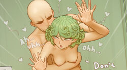 1boy 1girl against_fourth_wall bald bartolomeobari behind_another blank_eyes breasts commentary curly_hair english_commentary english_text green_hair heart hetero implied_sex light_blush medium_hair nipples nude one-punch_man open_mouth out-of-frame_censoring saitama_(one-punch_man) small_breasts tatsumaki unfinished