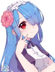 1girl apron artist_name black_bow black_sleeves blue_hair bow collared_shirt elona flower hair_ornament hair_over_one_eye hand_on_own_face hand_on_own_stomach highres light_blush long_hair looking_at_viewer maid_headdress pink_flower puffy_short_sleeves puffy_sleeves pupa_jiang purple_bow purple_sleeves red_eyes shirt short_sleeves signature simple_background smile solo v white_apron white_background white_shirt