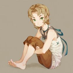 1girl barefoot blonde_hair capri_pants closed_mouth full_body green_eyes ilia_(zelda) looking_at_viewer luisa_rafidi nintendo pants pointy_ears short_hair simple_background sitting smile solo the_legend_of_zelda the_legend_of_zelda:_twilight_princess