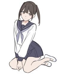 1girl black_hair blue_sailor_collar blue_skirt blush bow breasts closed_mouth grey_eyes highres kashiwa_(iersansi) long_sleeves looking_at_viewer original pleated_skirt sailor_collar shirt shoes short_hair simple_background skirt smile solo white_background white_shirt