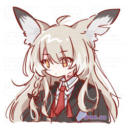 1girl 1n4b4_u3 animal_ears arknights artist_name black_jacket blush brown_eyes closed_mouth commentary cropped_torso facial_scar fox_ears fox_girl hashtag-only_commentary highres jacket long_hair necktie red_necktie scar scar_on_cheek scar_on_face solo vulpisfoglia_(arknights) watermark