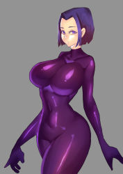 1girl animification bodysuit breasts dc_comics female_focus grey_background highres large_breasts latex latex_suit looking_at_viewer purple_bodysuit purple_eyes purple_hair raven_(dc) short_hair simple_background skin_tight solo teen_titans wide_hips zxc
