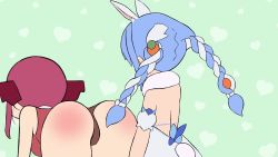 2girls all_fours animal_ear_fluff animal_ears animated ass ass_smack audible_music audible_speech blue_hair braid carrot carrot_hair_ornament carrot_in_pocket don-chan_(usada_pekora) flat_chest food-themed_hair_ornament fur_scarf hair_ornament heart heart_background highres hololive hong_hongcha houshou_marine houshou_marine_(1st_costume) multiple_girls open_mouth orange_eyes purple_hair rabbit_ears rabbit_girl scarf sound spanking teeth thick_eyebrows thong twin_braids usada_pekora usada_pekora_(1st_costume) video virtual_youtuber white_hair white_scarf