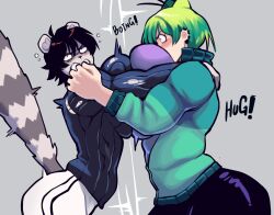 2girls animal_ears antennae artist_collaboration black_sweater borrowed_character breast_press breasts butter_sugoi clenched_teeth commentary destorys earrings furry furry_female green_hair green_jacket green_skirt highres huge_breasts impossible_clothes impossible_shirt impossible_sweater inconvenient_breasts jacket jewelry multiple_girls muscular muscular_female original pants purple_pants purple_shirt raccoon_ears raccoon_girl raccoon_tail shirt short_hair skirt sweater symmetrical_docking tail teeth white_pants