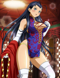 1girl alternate_costume black_hair blue_dress blue_eyes blush breasts china_dress chinese_clothes cleavage dress elbow_gloves floating_hair gloves hair_intakes ikkitousen indoors kakouen_myousai large_breasts long_hair looking_at_viewer looking_down open_mouth red_ribbon revealing_clothes ribbon shiny_skin short_dress sleeveless sleeveless_dress solo standing straight_hair thighhighs very_long_hair wavy_mouth white_gloves white_thighhighs
