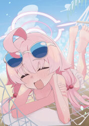 1girl barefoot beach blue_archive blue_sky blush closed_eyes halo hoshino_(blue_archive) hoshino_(swimsuit)_(blue_archive) ocean pink_hair shiroron_mochi sky solo sunglasses twitter