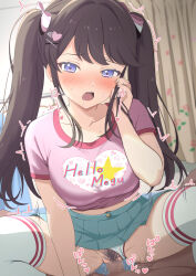 1boy 1girl absurdres aqua_skirt blush breasts brown_hair clothed_sex clothing_aside commentary cowgirl_position drooling female_pubic_hair fujishima_megumi hair_ornament hairclip half-closed_eyes heisei_retro hetero highres indoors jojifuku large_breasts link!_like!_love_live! long_hair looking_at_viewer love_live! nose_blush open_mouth panties panties_aside penis pink_shirt print_shirt pubic_hair purple_eyes saliva sex shirt short_sleeves skirt smile solo_focus spread_legs straddling twintails underwear vaginal variant_set virtual_youtuber white_panties zanpon