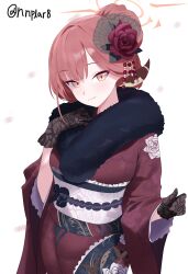 1girl absurdres aru_(blue_archive) aru_(new_year)_(blue_archive) blue_archive brown_horns demon_horns floral_print flower fur-trimmed_kimono fur_scarf fur_trim gloves hair_flower hair_ornament halo highres horns japanese_clothes kimono lace lace_gloves obi official_alternate_costume potgit print_kimono red_hair red_kimono sash solo