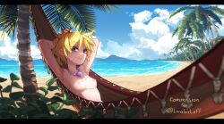 1girl absurdres armpit_hair armpits arms_behind_head bare_shoulders beach bead_necklace beads blonde_hair blue_eyes breasts chrono_cross cloud collarbone commission covered_erect_nipples day hair_between_eyes hair_ribbon highres jewelry kid_(chrono_cross) looking_at_viewer necklace ocean original outdoors palm_tree popopoka red_ribbon ribbon see-through_clothes short_hair small_breasts smile solo tooth_necklace tree upper_body