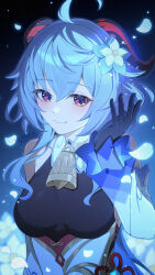 1girl ahoge bare_shoulders bell black_gloves blue_hair bodystocking breasts closed_mouth commentary cowbell detached_sleeves flower ganyu_(genshin_impact) genshin_impact gloves goat_horns hair_between_eyes hair_flower hair_ornament hand_up highres horns long_hair long_sleeves medium_breasts neck_bell purple_eyes smile so_zei_tama_tama solo upper_body very_long_hair white_flower white_sleeves