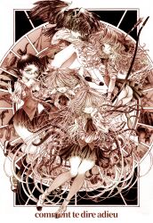 5girls aircraft angel_wings animal_ears arrow_(projectile) arrow_in_body arrow_in_head ass asymmetrical_wings aya_carmine bird body_horror book bow_(weapon) braid cat_ears cat_girl cat_tail clothes_lift collared_shirt crow dirigible doll_joints expressionless feathers flower french_text full_body glasses greyscale gun hair_ornament hair_ribbon hairclip handgun highres holding holding_book holding_bow_(weapon) holding_weapon joints kneehighs ladder leaf_wings locomotive long_hair looking_at_viewer meguro_miyuki millipen_(medium) mismatched_wings monochrome multiple_girls necktie object_through_head one_eye_closed open_mouth parted_lips pen_(medium) plant_wings pleated_skirt revolver ribbon sayonara_wo_oshiete school_uniform shirt shoes short_hair side_braids skirt skirt_lift smile smoking_pipe snake socks steam_locomotive sugamo_mutsuki tail takada_nozomi tamachi_mahiru tendril tentacles thighhighs traditional_media twintails ueno_koyori uwabaki vest wavy_hair weapon wings
