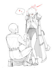1boy 1girl absurdres aru_(blue_archive) blue_archive blush buckle coat coat_on_shoulders demon_horns fur-trimmed_coat fur_trim halo high-waist_skirt highres horns low_horns marriage_proposal paper_on_head parack red_halo ring_box sensei_(blue_archive) simple_background skirt white_background yellow_eyes