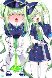 1girl absurdres blue_archive blue_dress blue_hat blush breasts buttons demon_tail double-breasted dress gloves green_hair hat highres loli long_hair looking_at_viewer multiple_views nozomi_(blue_archive) open_mouth scat short_sleeves sidelocks slime_(substance) small_breasts syringe tail thighhighs twintails very_long_hair watosu white_gloves white_thighhighs yellow_eyes