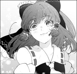 Rule 34 | 1girl, ascot, bare shoulders, bow, commentary, detached sleeves, frilled bow, frilled hair tubes, frills, greyscale, hair bow, hair tubes, hakurei reimu, konruri blue, long hair, monochrome, ribbon trim, screentones, smile, solo, touhou