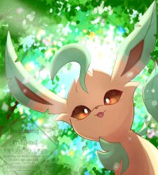 :3 animal_focus brown_eyes fang gen_4_pokemon leafeon looking_at_viewer nintendo no_humans open_mouth outdoors pokemon pokemon_(creature) pokemon_focus smile solo sunlight watermark yngon_(hwxf5232)