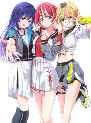 3girls absurdres belted_skirt black_choker black_shorts black_socks black_thighhighs blue_eyes blue_hair braid breasts choker clenched_hand clothes_around_waist collarbone commentary_request cross-laced_clothes cross-laced_skirt drawstring dress elbow_gloves fang gloves gradient_hair green_eyes green_hair grey_jacket grin hair_between_eyes hand_on_another&#039;s_hip hand_on_another&#039;s_shoulder hand_up highres idolmaster idolmaster_va-liv jacket jacket_around_waist kamizuru_cosmo letora_(idolmaster) light_blush long_hair long_sleeves looking_at_viewer medium_breasts midriff multicolored_hair multicolored_nails multiple_girls navel open_mouth pleated_skirt purple_eyes purple_hair reaching reaching_towards_viewer red_hair red_shirt shirt shoes short_hair short_shorts shorts sidelocks single_glove skirt smile sneakers socks standing standing_on_one_leg thigh_strap thighhighs thighs tied_shirt tomori_manaka tonguewasabi v white_background white_dress white_footwear white_hair white_shirt white_skirt yellow_gloves