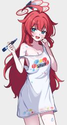 1girl :d absurdres ahoge artist_name blue_archive blue_eyes blush breasts bright_pupils cleavage clothes_writing collarbone commentary_request cowboy_shot dress english_text eyelashes felice_ykr hair_between_eyes halo happy hickey highres holding holding_pen long_hair looking_at_viewer maki_(blue_archive) maki_(pajamas)_(blue_archive) official_alternate_costume official_alternate_hairstyle open_mouth pajamas pen red_hair red_halo sidelocks simple_background single_bare_shoulder sleeveless sleeveless_dress smile solo strap_slip teeth tsurime upper_teeth_only very_long_hair white_background white_dress white_pajamas white_pupils